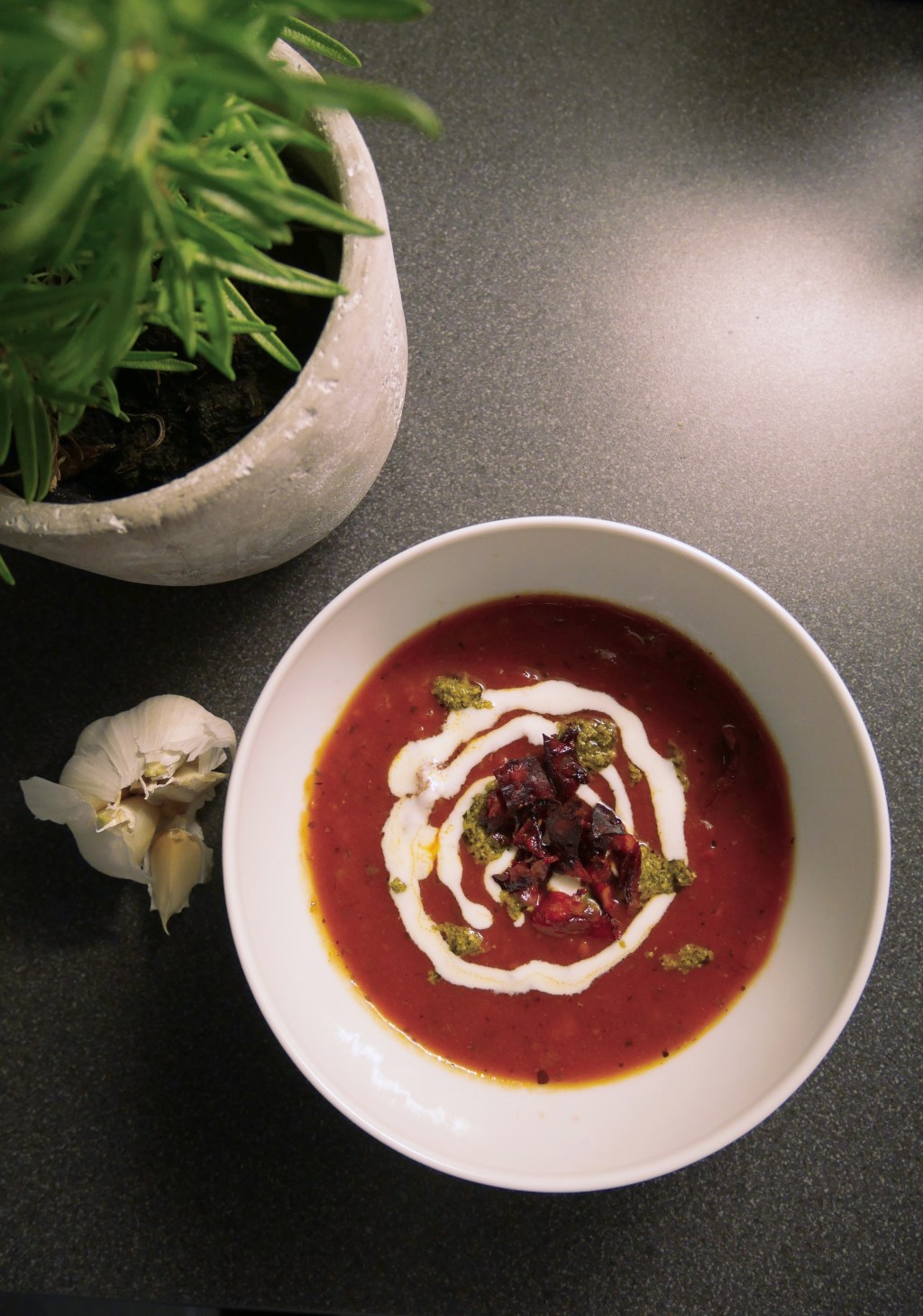 Hearty 15 – Minute Tomato Soup With Pesto Yoghurt And Chorizo&nbsp;Crisp